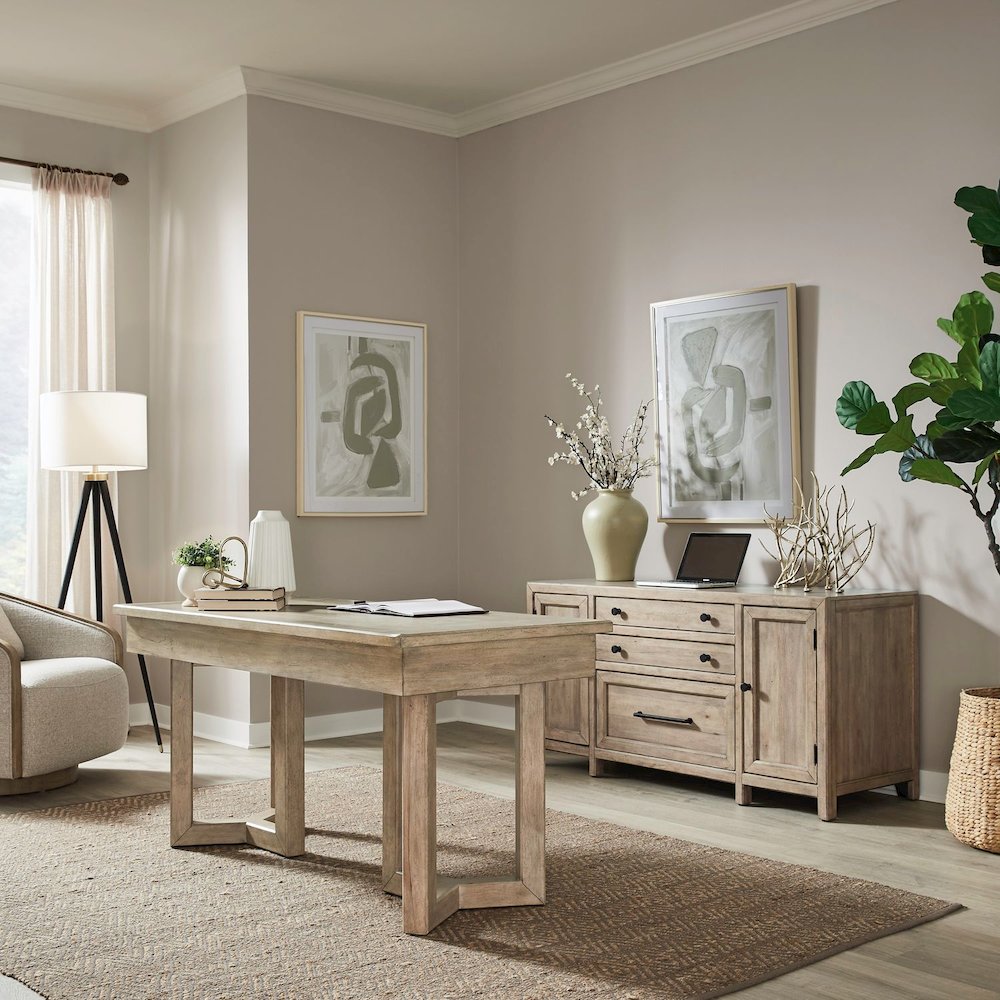 2 Pc Desk Set - Writing Desk, Credenza with File Storage Drawer - Barley Buff