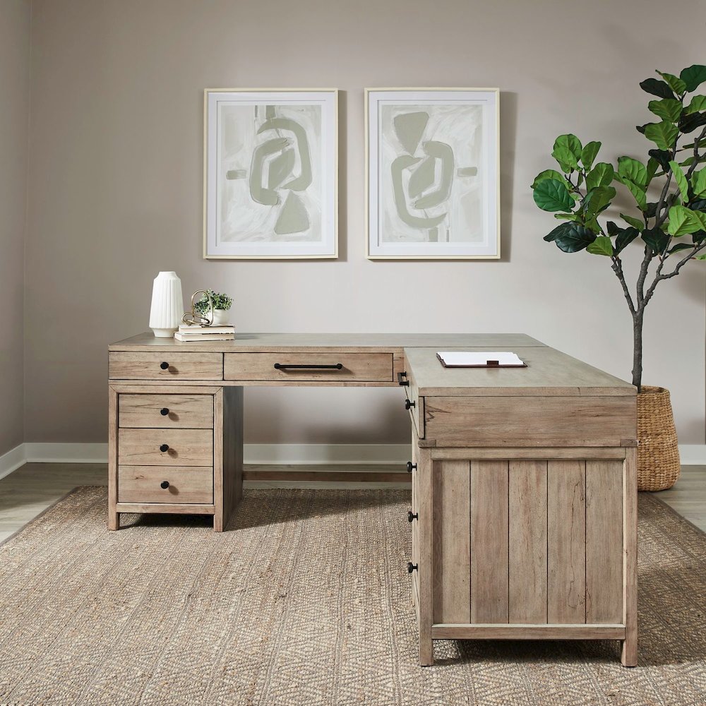 Stylish L Shaped Desk Set with 2 Keyboard Trays, File Storage Drawers