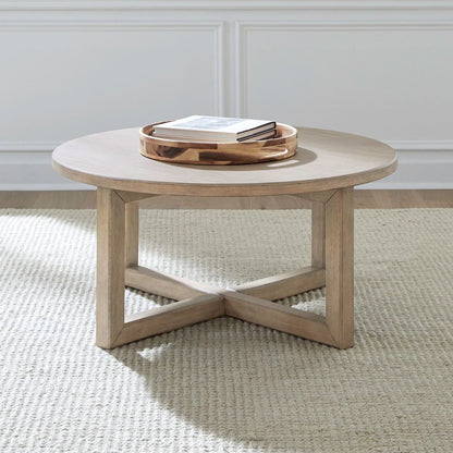 Living Room Round Cocktail Table Center Trestle - Barley Buff Birch Wood