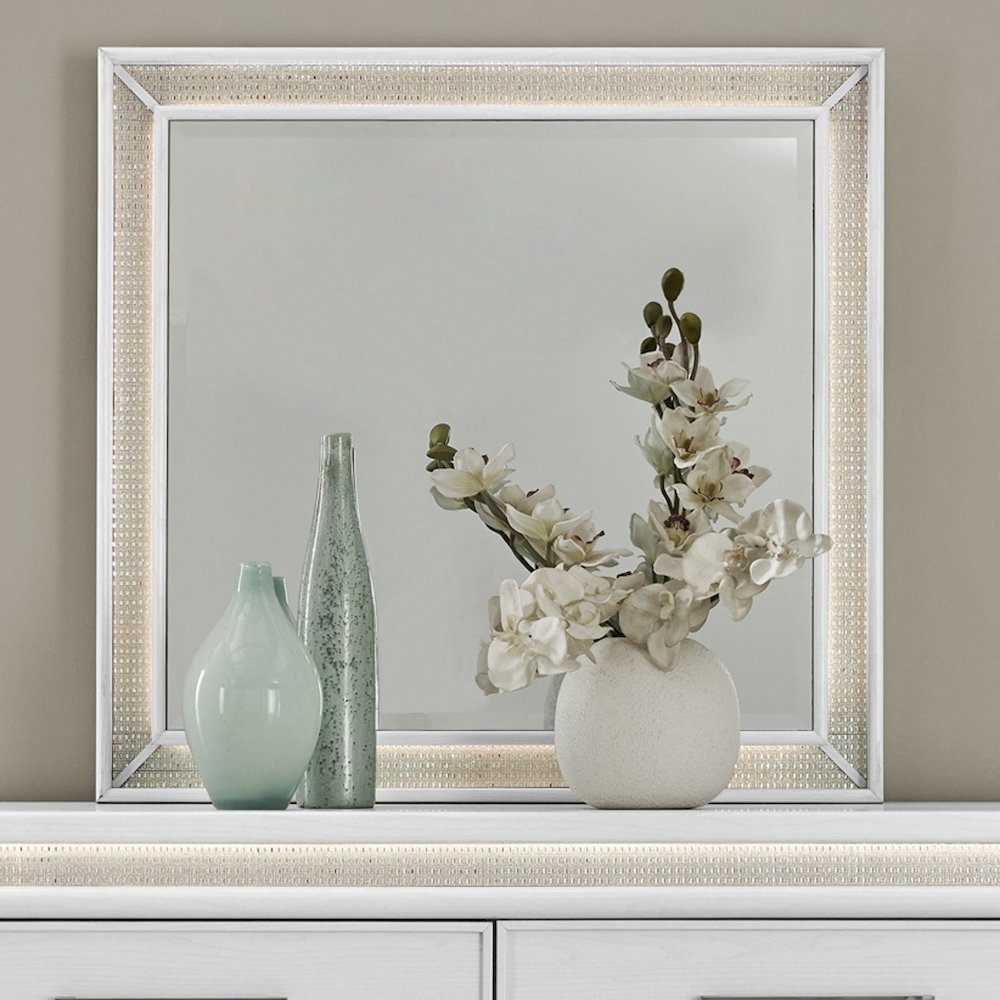 Reflections Rectangular Mirror - Pearl White & Rhinestone Frame