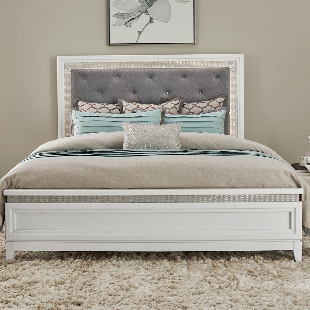 Reflections Queen Upholstered Bed - Pearl White & Rhinestone