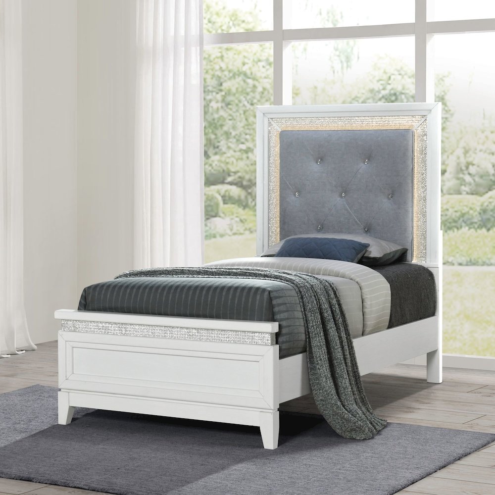 Reflections Twin Upholstered Bed - Pearl White & Rhinestone