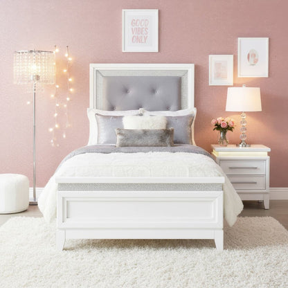 Reflections Twin Upholstered Bed - Pearl White & Rhinestone