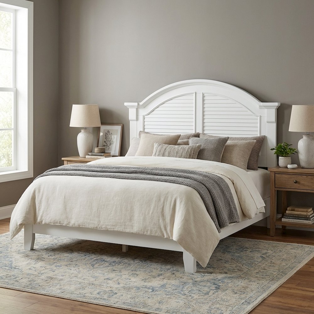 Queen Oyster White and Navy Panel Headboard in Solid Wood with Cottage Design
