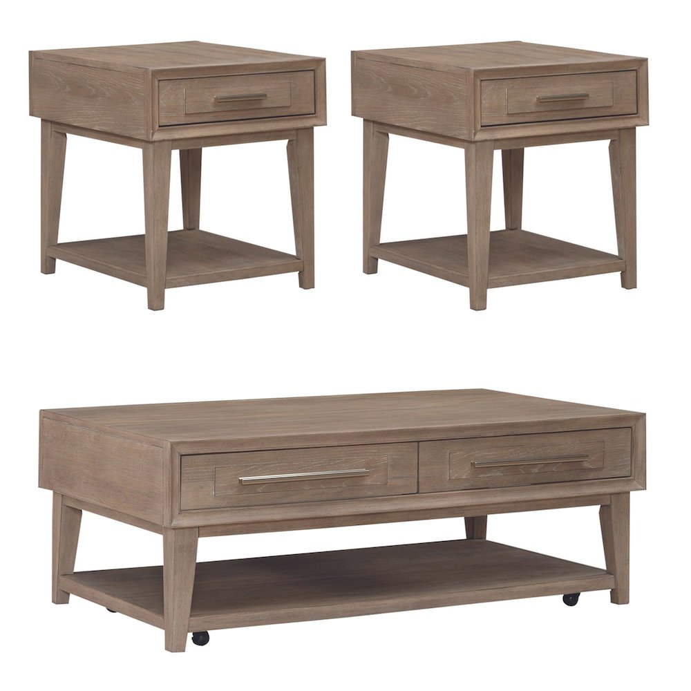 3 Piece Living Room Set, Cocktail Table, 2 Drawer End Tables -Sandstone Oak Wood