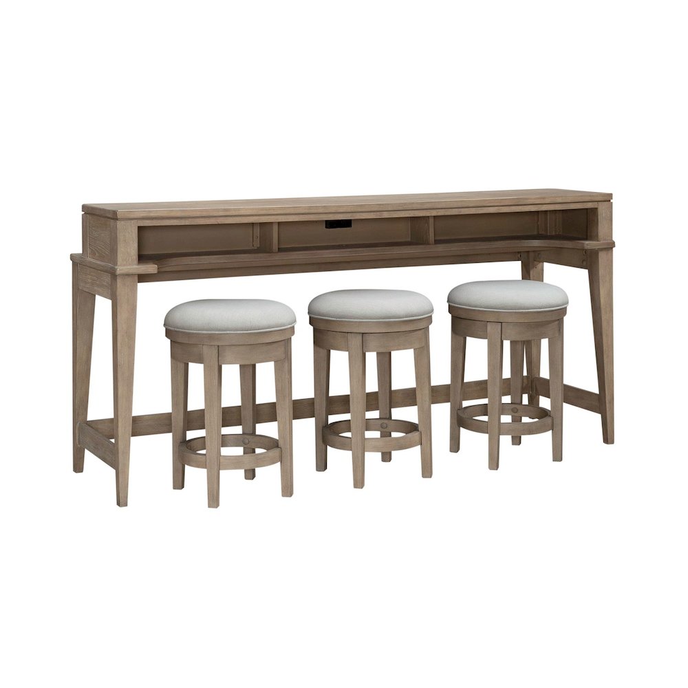 4 Piece Living Room Set, Console Bar Table, 3 Swivel Stools - Sandstone Oak Wood
