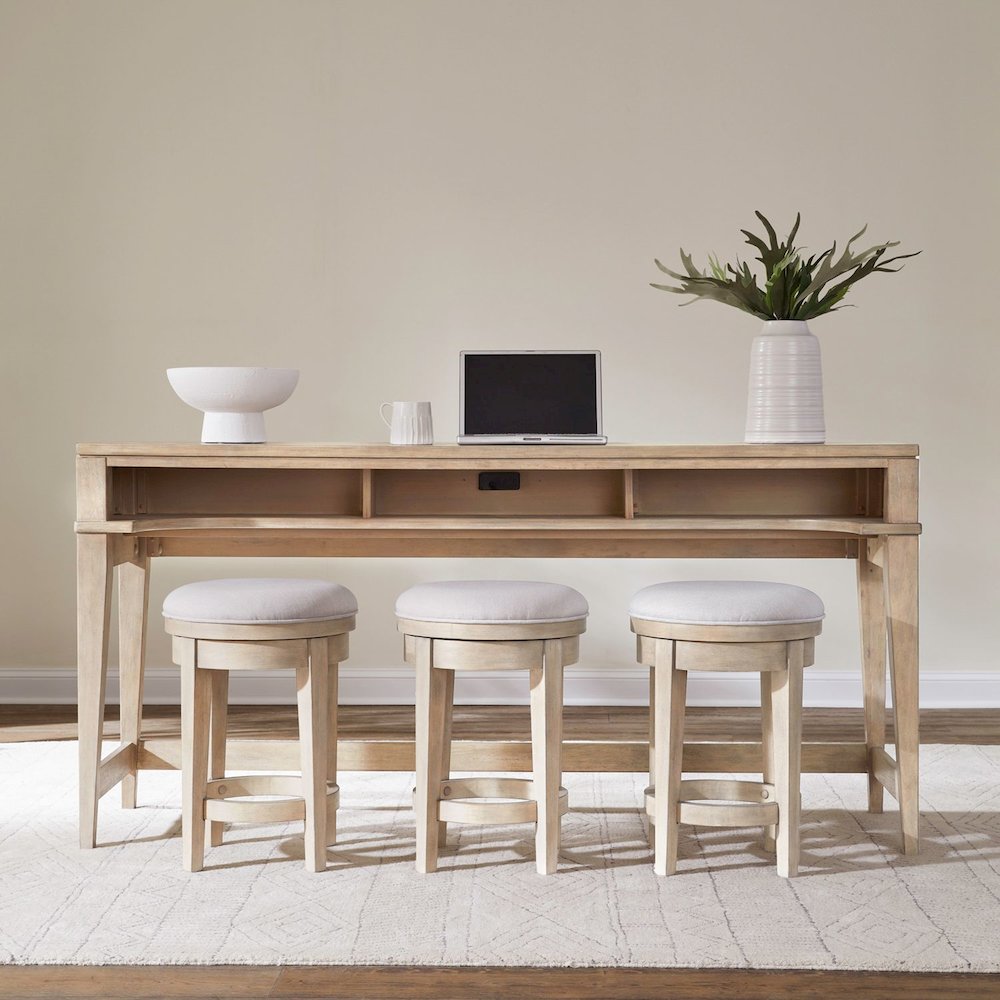 4 Piece Living Room Set, Console Bar Table, 3 Swivel Stools - Sandstone Oak Wood