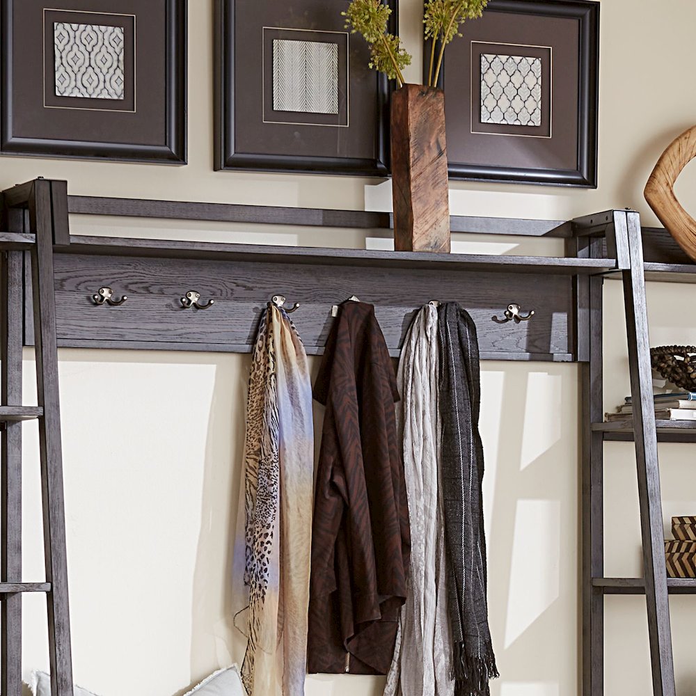 Mill Creek Wall Bridge with 6 Double Hanging Hooks - Peppercorn Oak Wood