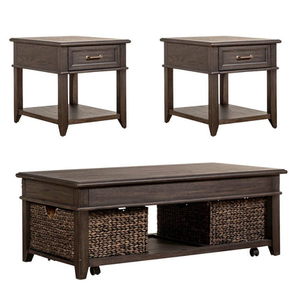 3 Pc Living Room Set - Rectangular Lift Top Cocktail Table, 2 Drawer End Tables