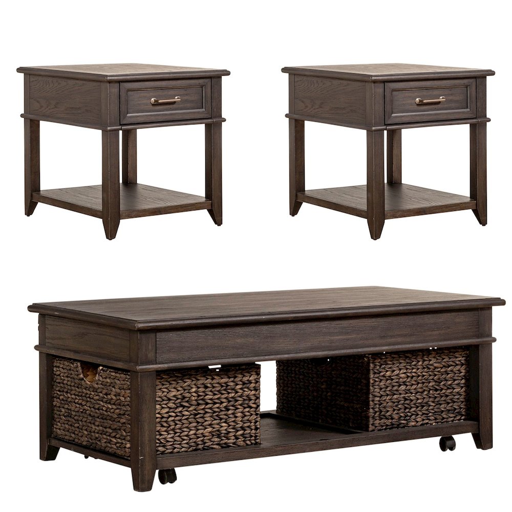 3 Pc Living Room Set - Rectangular Lift Top Cocktail Table, 2 Drawer End Tables