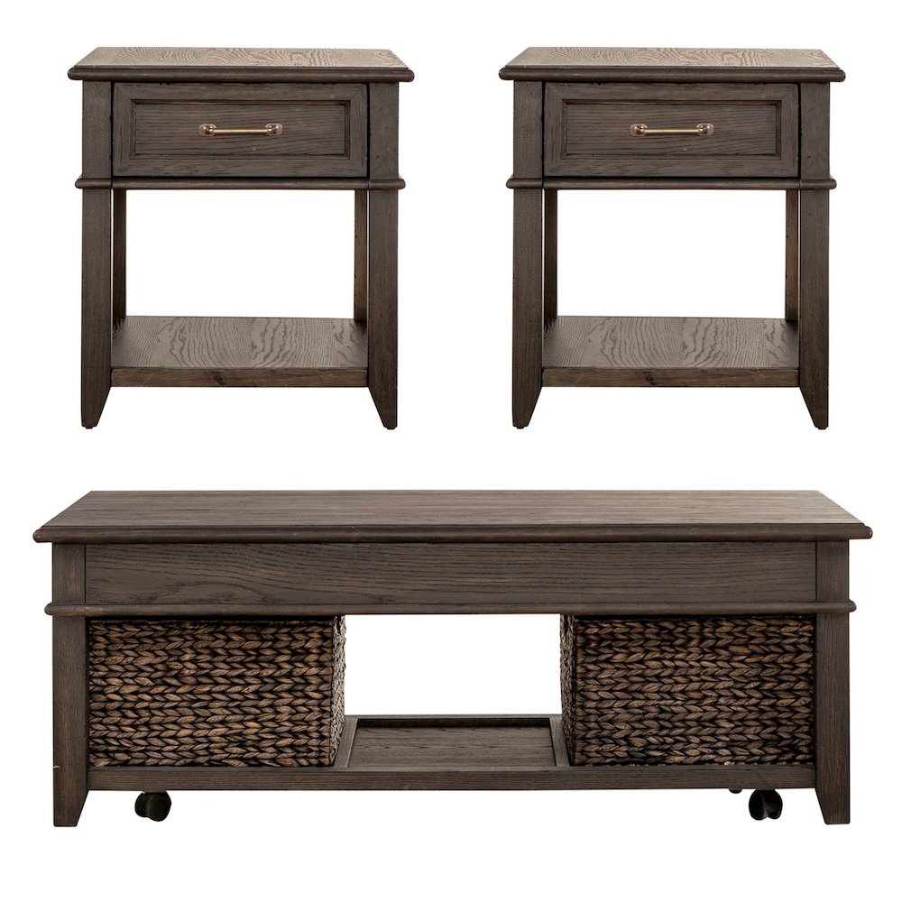 3 Pc Living Room Set - Rectangular Lift Top Cocktail Table, 2 Drawer End Tables