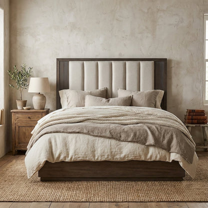 Upholstered Caffe Headboard with Modern Panel Design and Mounting Hardware
