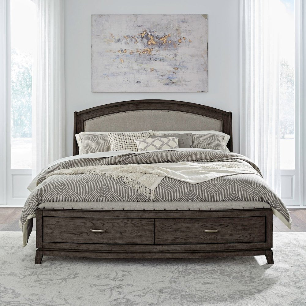 Avalon King Upholstered Storage Bed - Coffee Bean Oak Wood