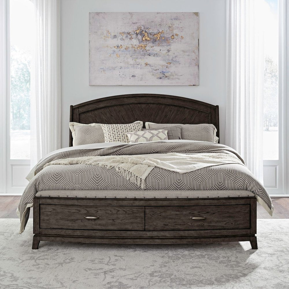 Avalon Queen Panel Storage Bed with Footboard Drawer - Coffee Bean Oak Wood