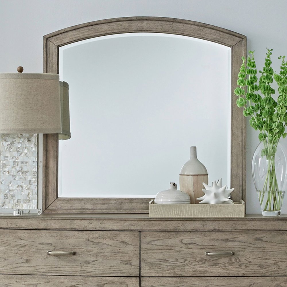 Arched Mirror with Dresser Mount 41" x 40"- Burnished Beige Oak Wood Frame