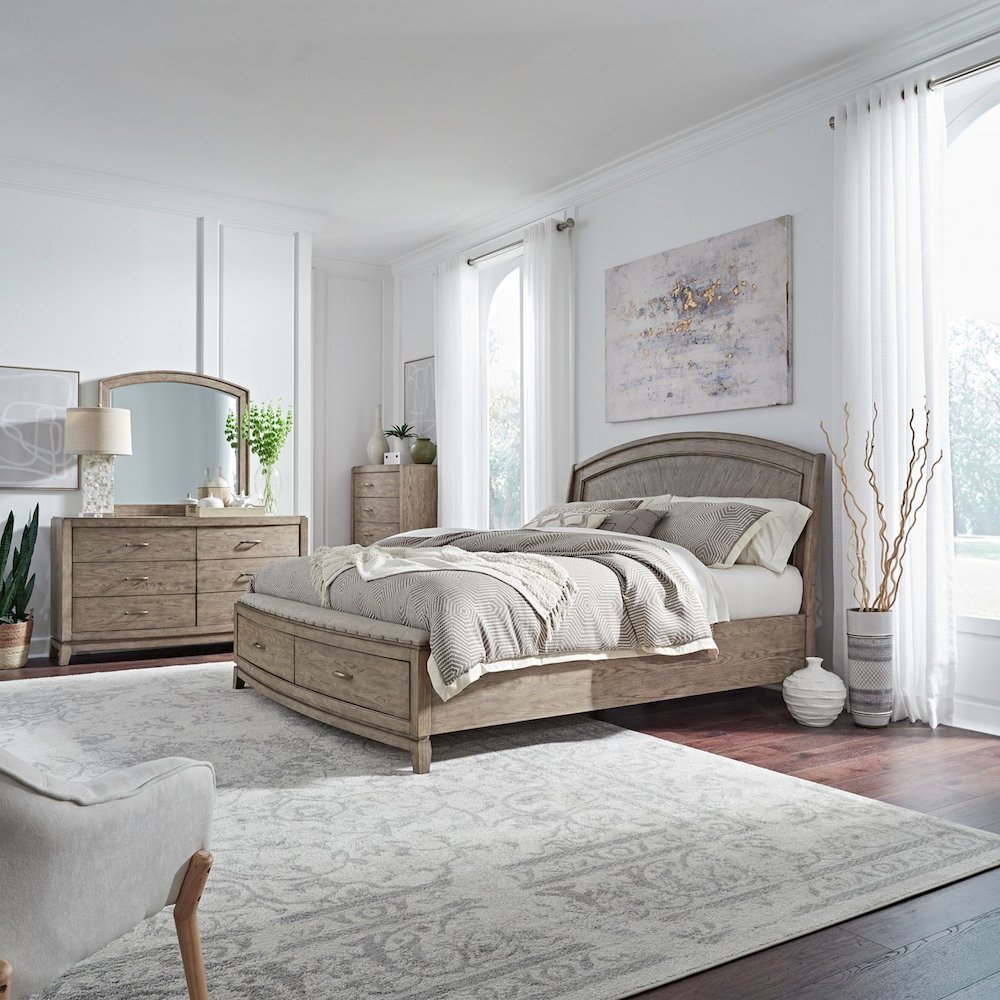 King Panel Storage Bed, Dresser & Mirror, Chest - Bedroom Sets - Burnished Beige
