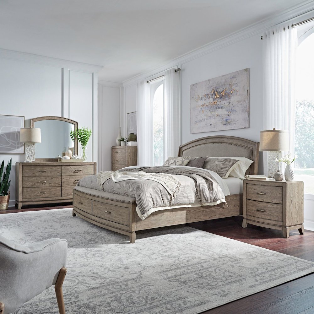 King Upholstered Storage Bed, Dresser & Mirror, Chest, Night Stand