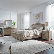 Avalon King Upholstered Storage Bed, Dresser & Mirror, Night Stand