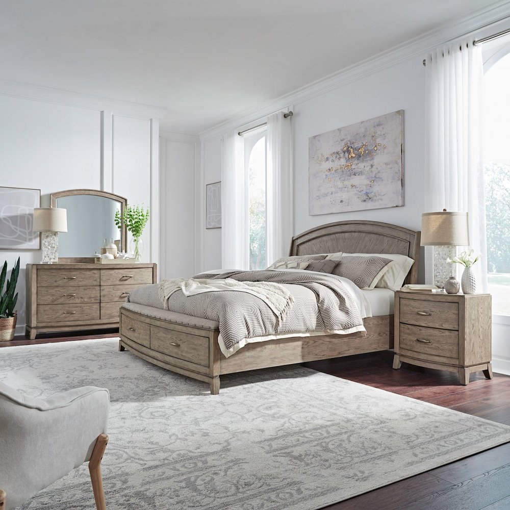 Avalon Queen Panel Storage Bed, Dresser & Mirror, Nightstand