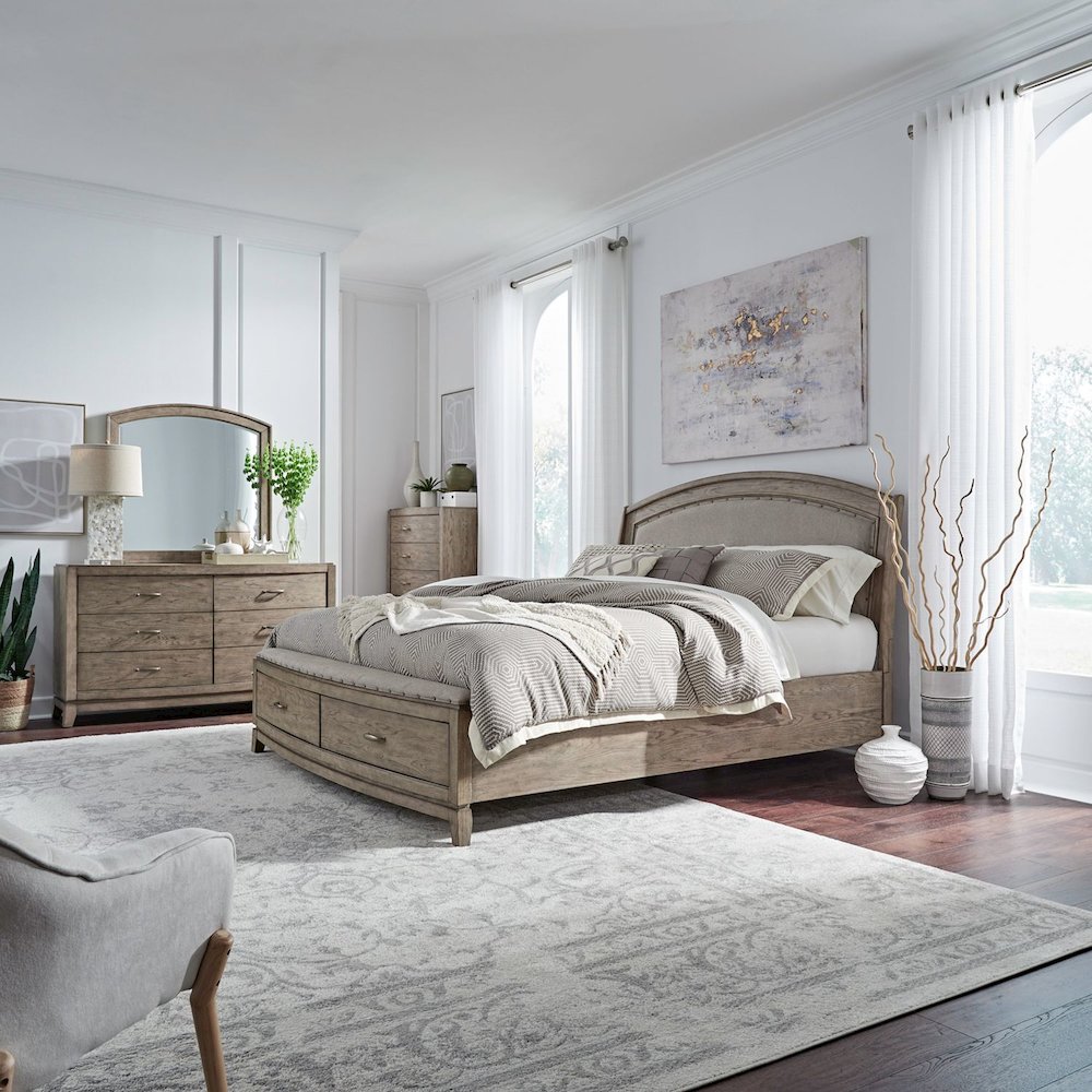 Avalon Queen Upholstered Storage Bed, Dresser & Mirror, Chest