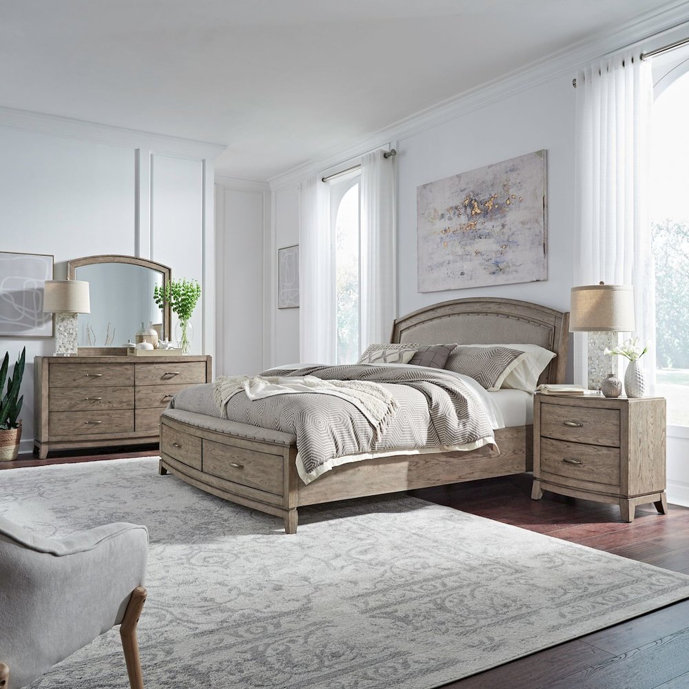 Avalon Queen Upholstered Storage Bed, Dresser & Mirror, Night Stand