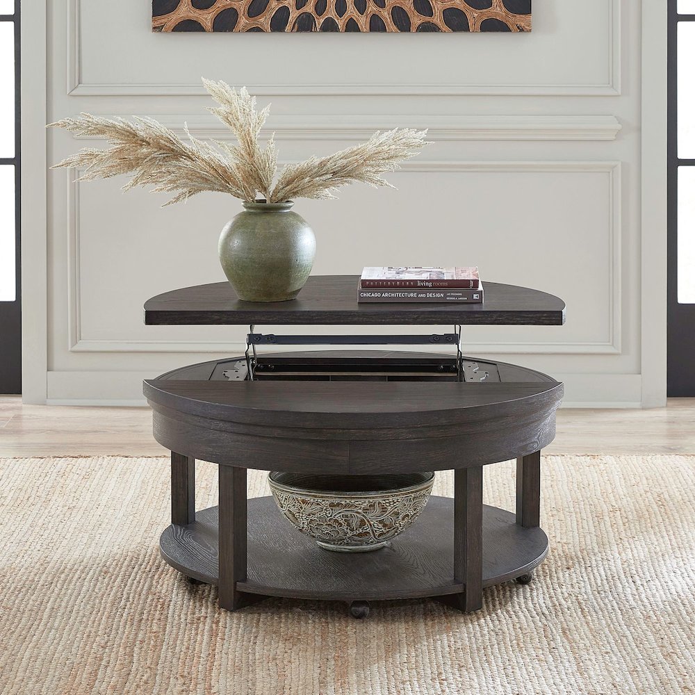 Round Lift Top Cocktail Table Bottom Storage Shelf - Peppercorn Oak Wood