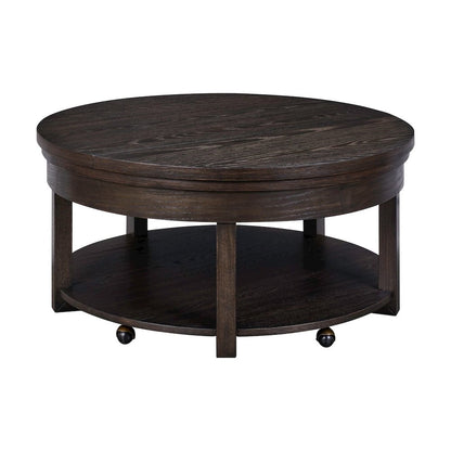 Round Lift Top Cocktail Table Bottom Storage Shelf - Peppercorn Oak Wood