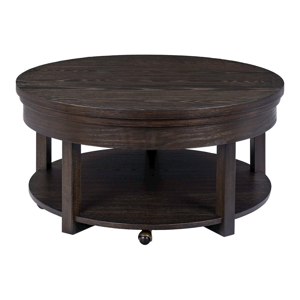 Round Lift Top Cocktail Table Bottom Storage Shelf - Peppercorn Oak Wood