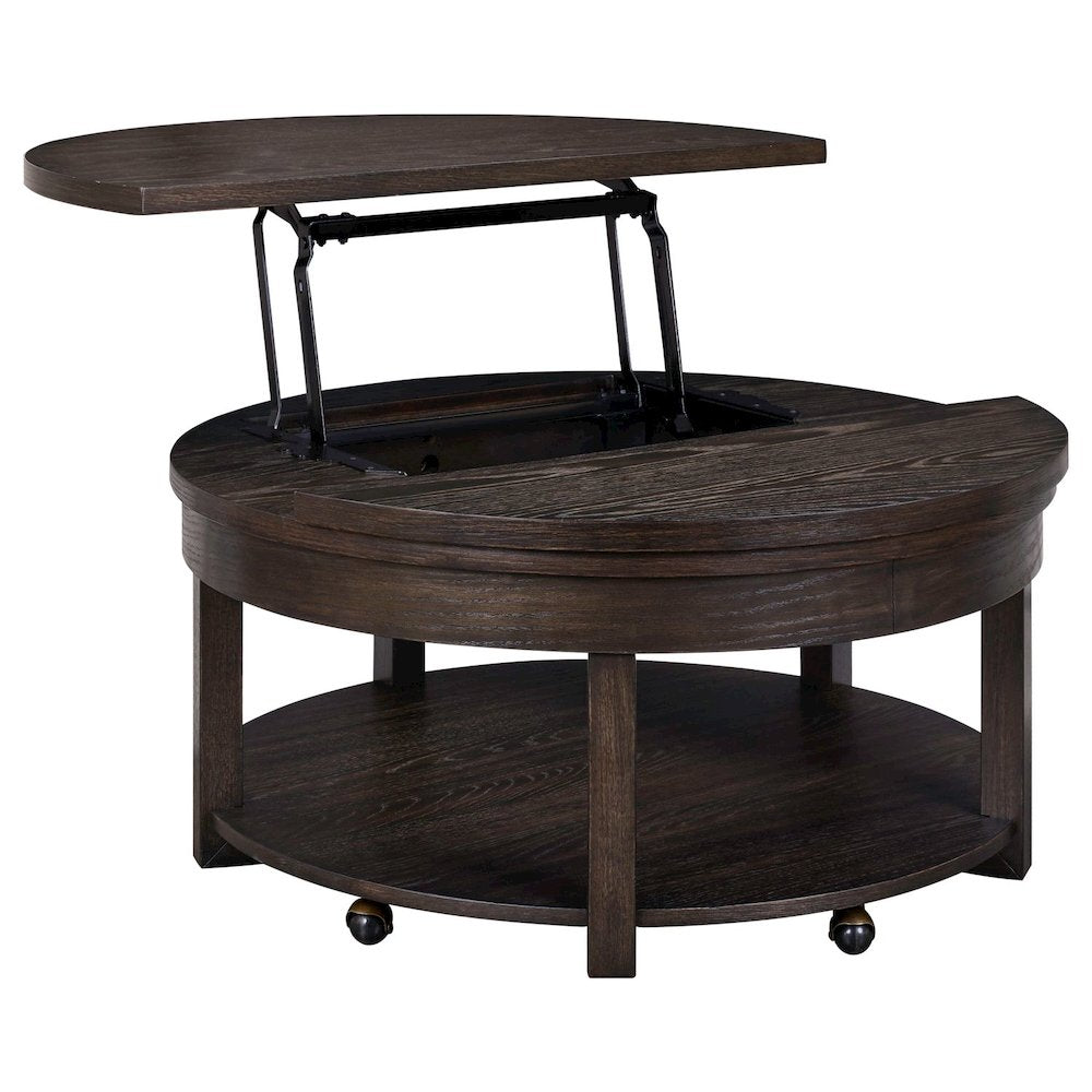 Round Lift Top Cocktail Table Bottom Storage Shelf - Peppercorn Oak Wood