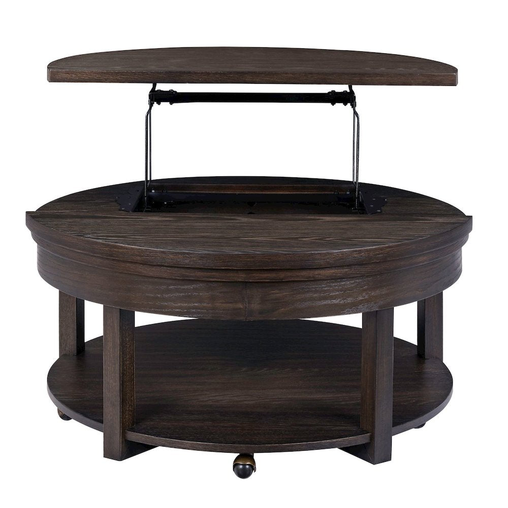 Round Lift Top Cocktail Table Bottom Storage Shelf - Peppercorn Oak Wood