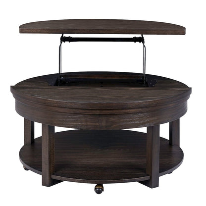 Round Lift Top Cocktail Table Bottom Storage Shelf - Peppercorn Oak Wood