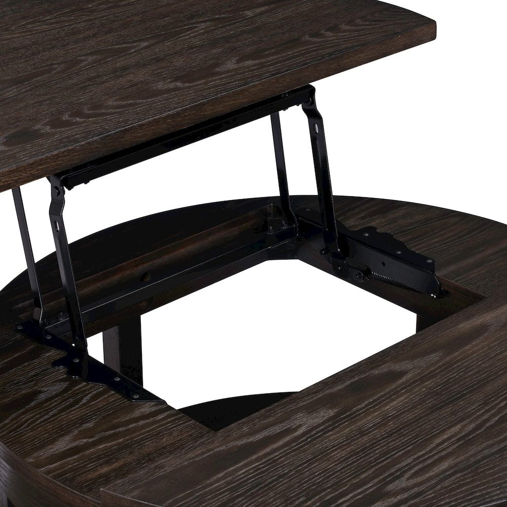 Round Lift Top Cocktail Table Bottom Storage Shelf - Peppercorn Oak Wood