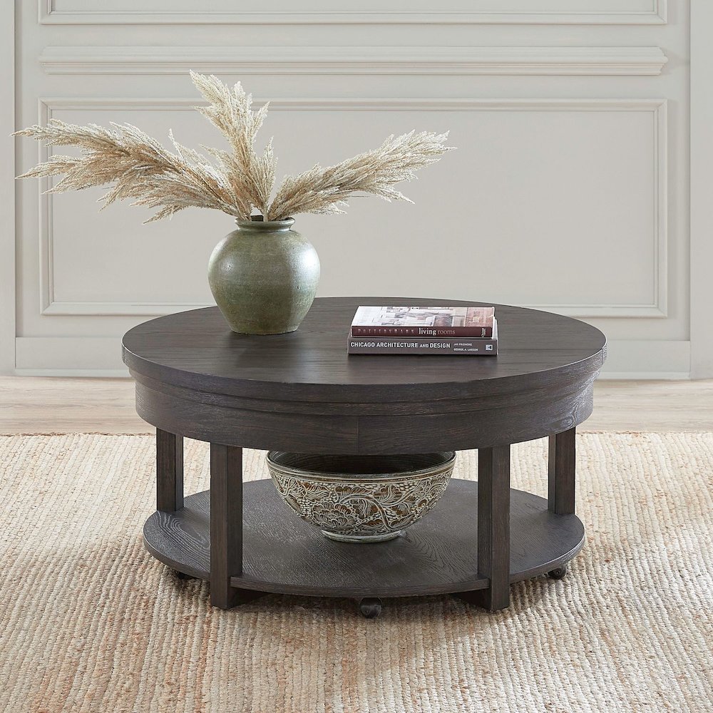 Round Lift Top Cocktail Table Bottom Storage Shelf - Peppercorn Oak Wood