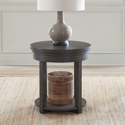 Weston Living Room Round End Table Bottom Storage Shelf - Peppercorn Oak Wood