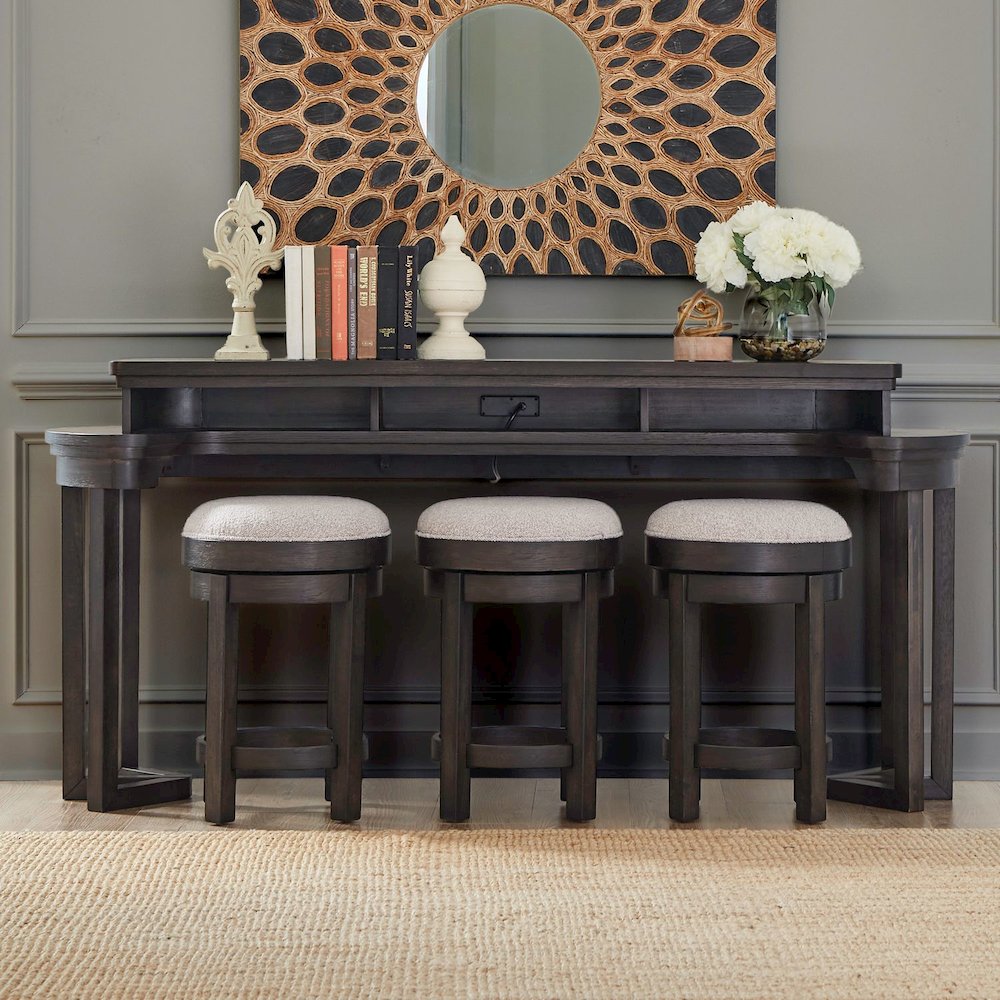 4 Pc Console Table Set - 3 Upholstered Stools, AC USB Charging Station