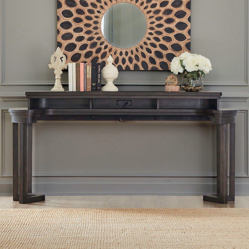 Living Room Console Bar Table - AC USB Charging Station  - Peppercorn Oak Wood