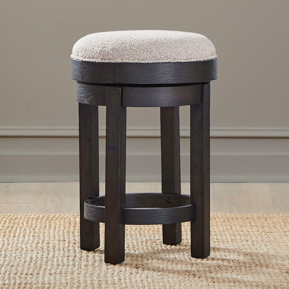 Swivel Console Stool 25" Height  - Peppercorn Oak Wood with Taupe Linen