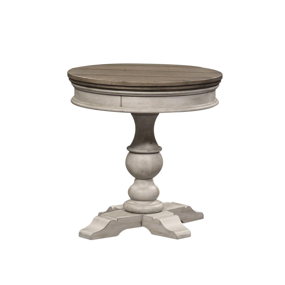 Heartland Round Pedestal Chair Side Table in Antique White w/ Tobacco Top