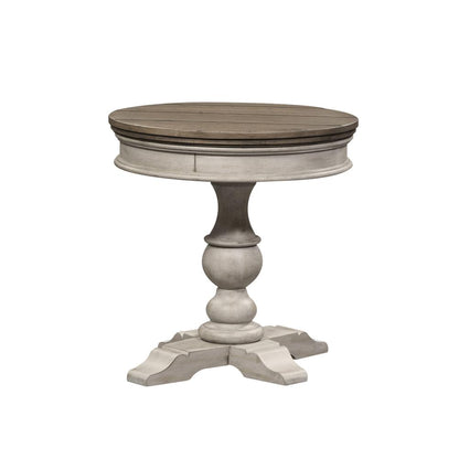 Heartland Round Pedestal Chair Side Table in Antique White w/ Tobacco Top