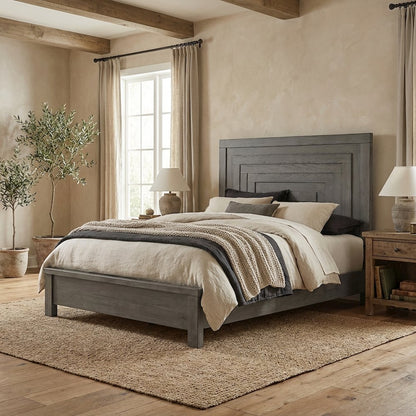 Dusty Charcoal Panel Headboard, Heavy Distressing Solid, Manufactured Wood