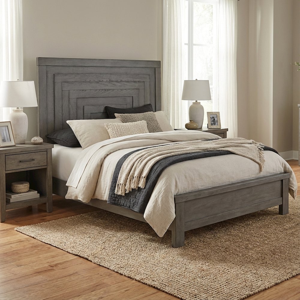 Dusty Charcoal Panel Headboard, Heavy Distressing, Solid Wood Farmhouse Design