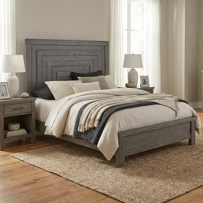 Dusty Charcoal Panel Headboard, Heavy Distressing, Solid Wood Farmhouse Design