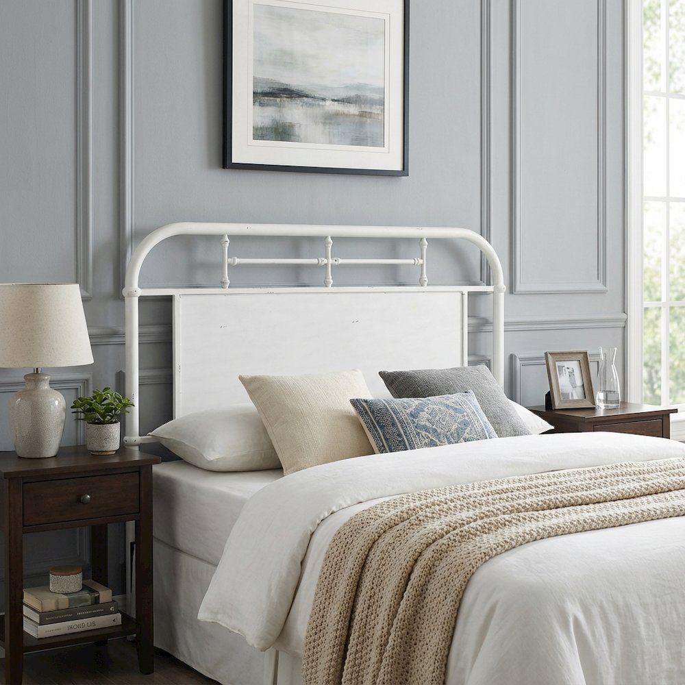 Queen Distressed Metal Headboard with Vintage Design and Durable Metal Tubing