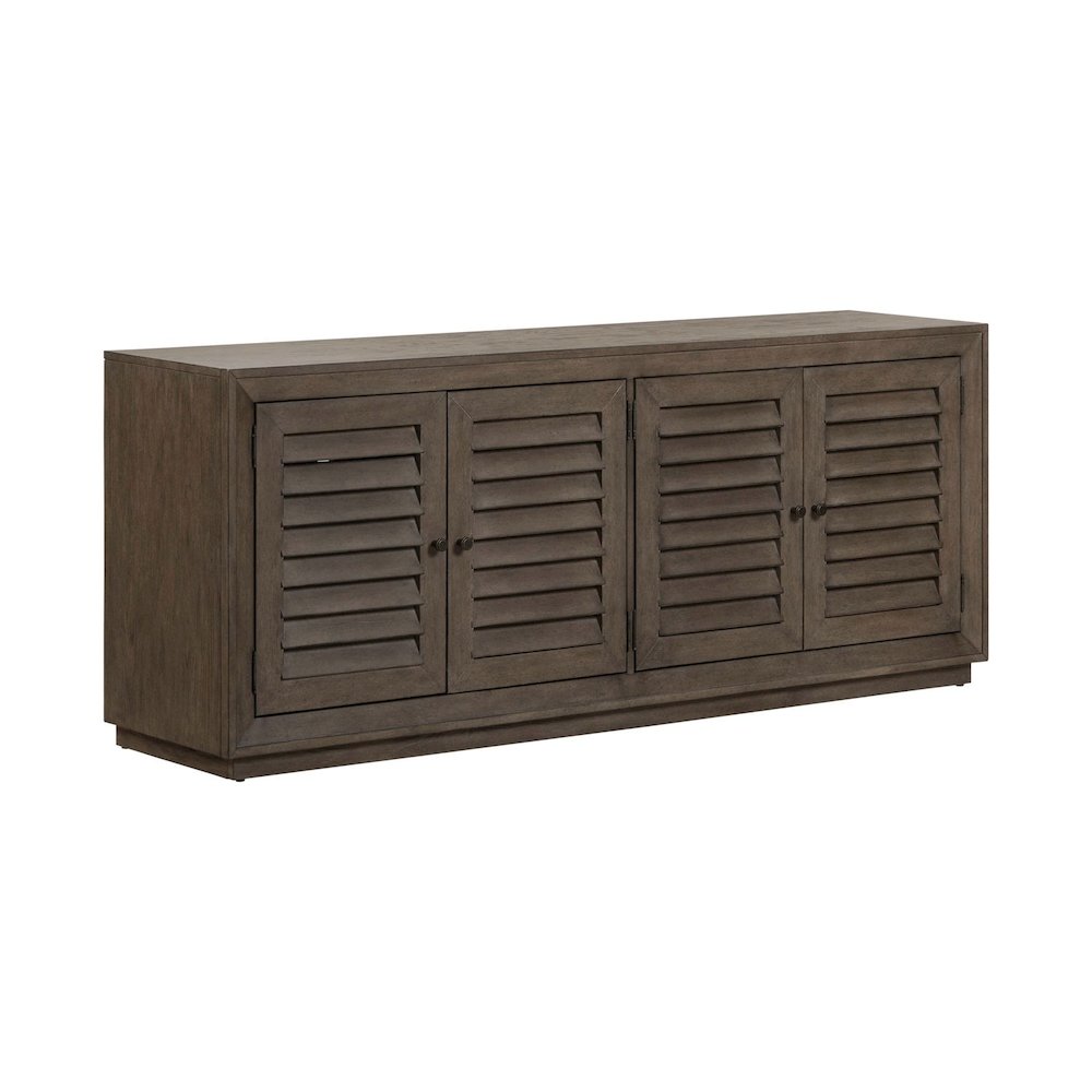Aspen Sky 78 Inch TV Console, Louvered Doors - Weathered Saddle Brown Oak