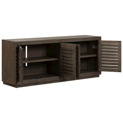 Aspen Sky 78 Inch TV Console, Louvered Doors - Weathered Saddle Brown Oak