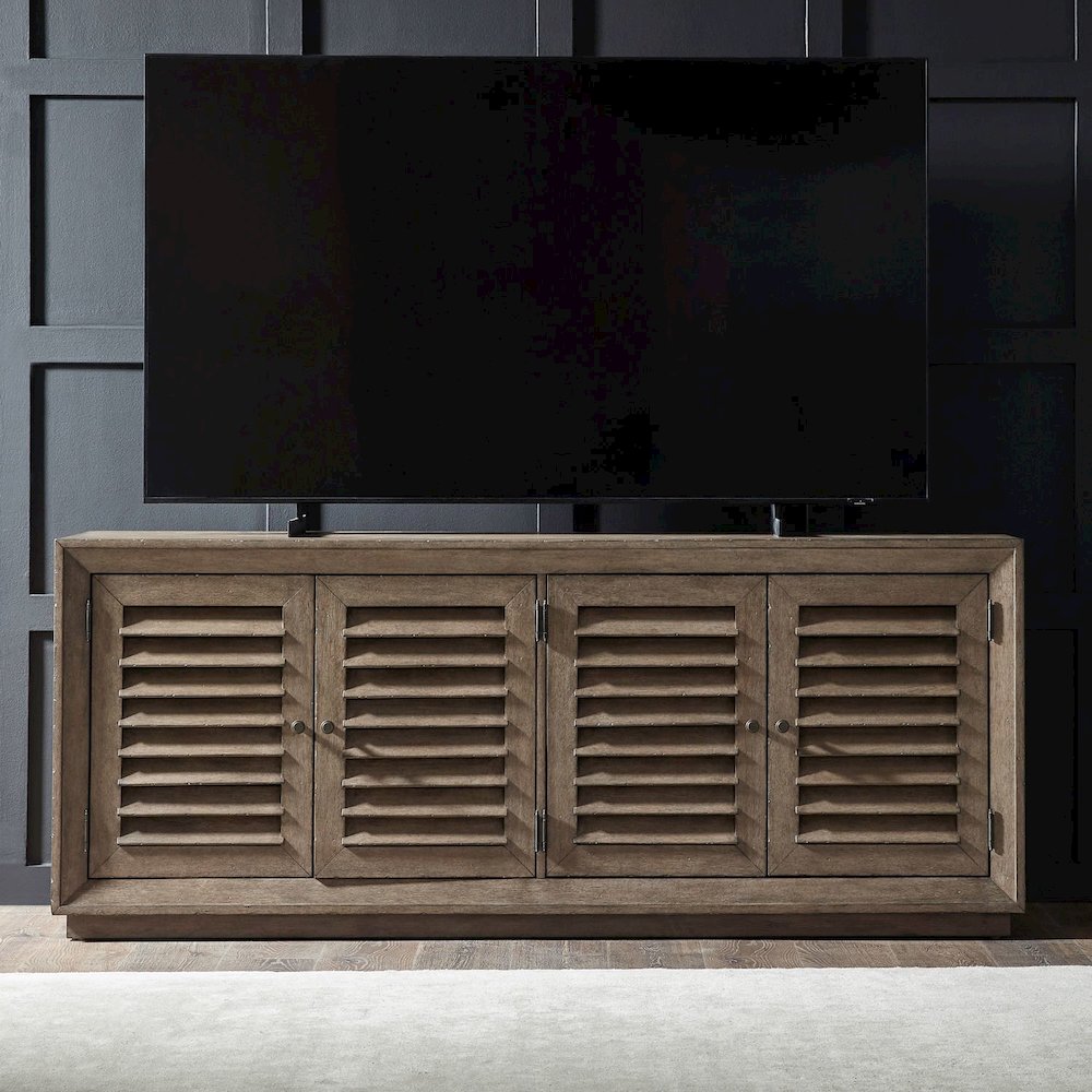 Aspen Sky 78 Inch TV Console, Louvered Doors - Weathered Saddle Brown Oak