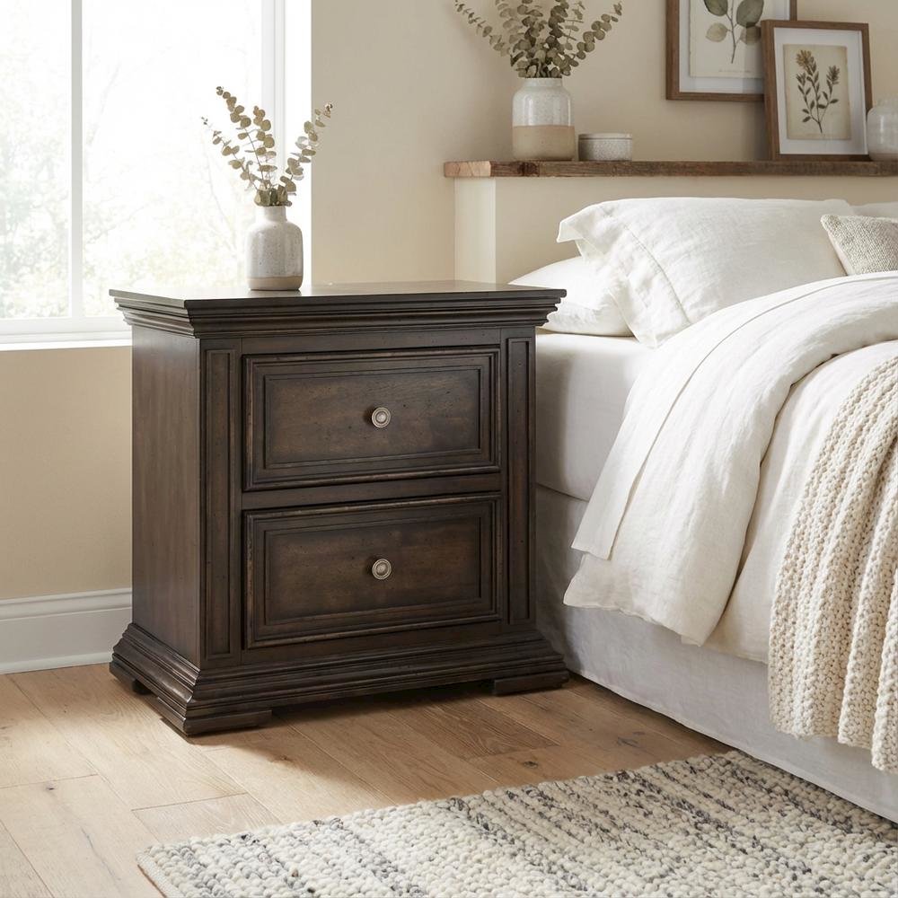 Brown Nightstand with Two Drawers and Charging Station for Bedroom Storage