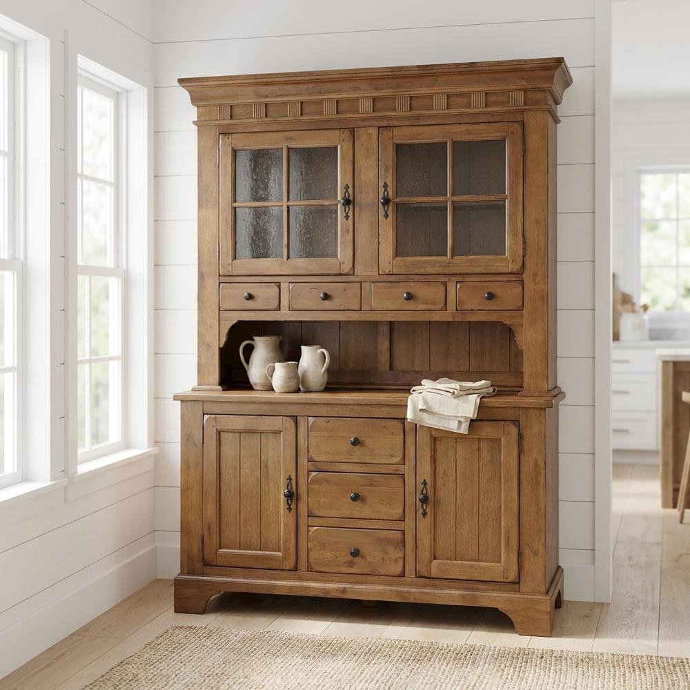 Rustic Oak and Black Hutch & Buffet Set with Traditional Style and Rubberwood