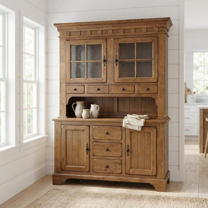 Rustic Oak and Black Hutch & Buffet Set with Traditional Style and Rubberwood
