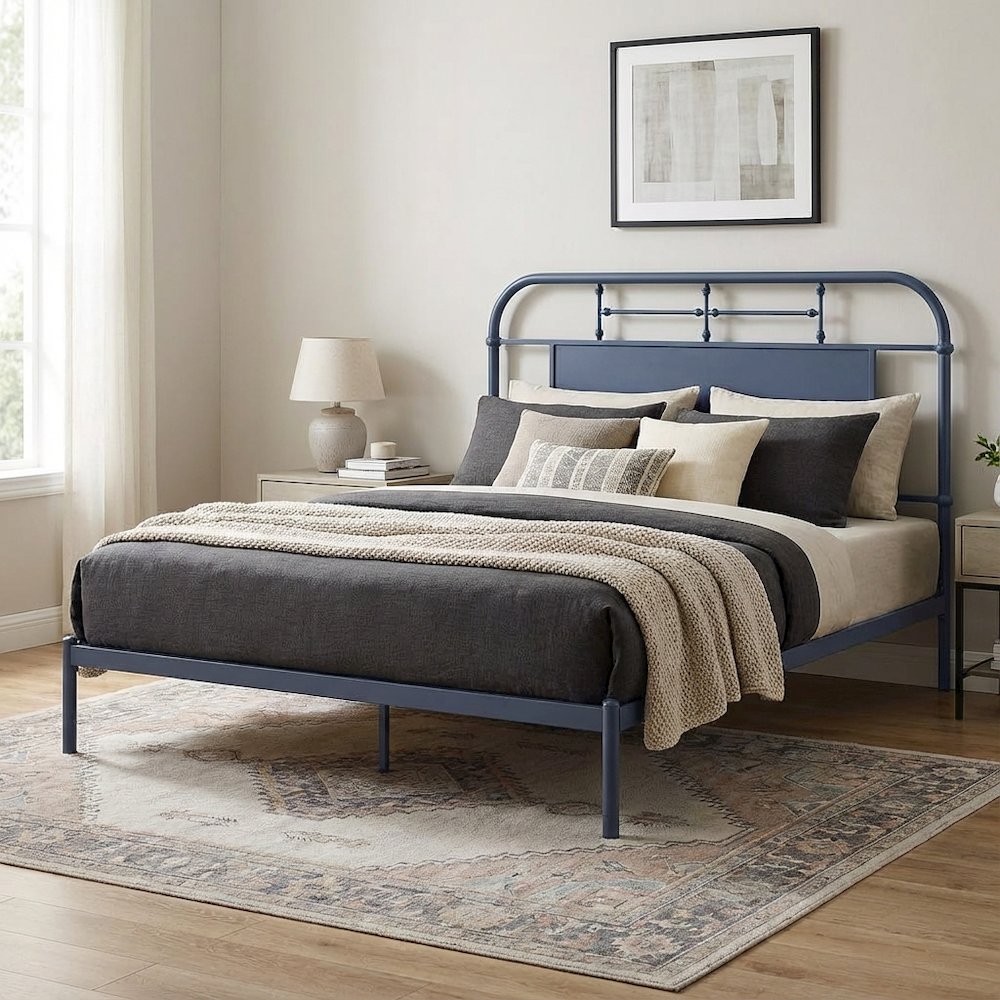 Distressed Metal Queen Metal Headboard with Vintage Design and Metal Tube Frame